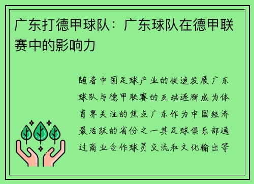 广东打德甲球队：广东球队在德甲联赛中的影响力